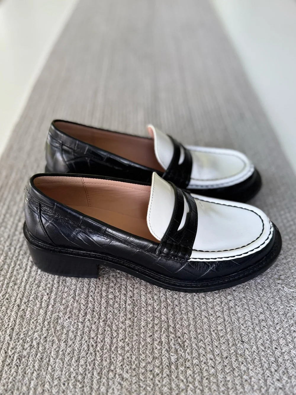 J. Crew Coin Loafers Black and White Croc Embossed Leather Loafers Size 7.5